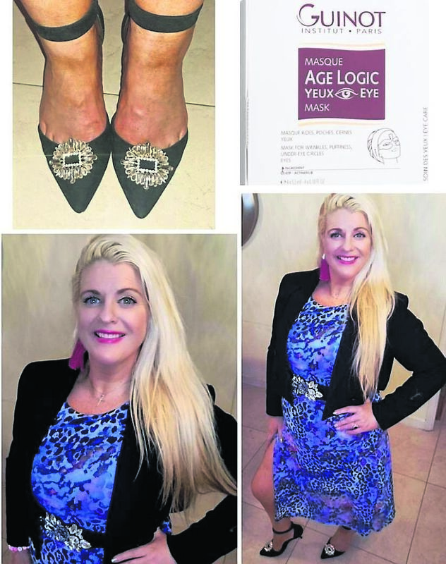 Emer O’Callaghan wearing a dress from Ruby Rouge Boutique, blazer and heels are New Look, diamond shoe clips, belt, and earrings all from Stone Mad, Kinsale. Also pictured is Product of the Week, Guinot Sheet Eye Masks, a box of four sachets for €56, available at Emerald Beauty Clinic Emer O’Callaghan wearing a dress from Ruby Rouge Boutique, blazer and heels are New Look, diamond shoe clips, belt, and earrings all from Stone Mad, Kinsale. Also pictured is Product of the Week, Guinot Sheet Eye Masks, a box of four sachets for €56, available at Emerald Beauty Clinic