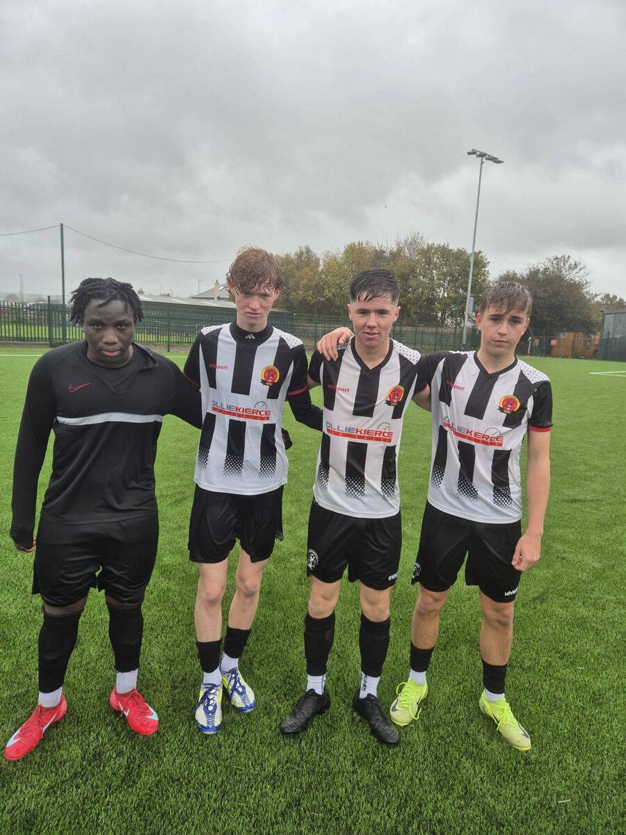 Youth Soccer: Midleton U17 Premier League goalscorers Patrick Odedokun, Eduard Pidoyma (2), Cillian Mansworth-O’Connell (2) and Ryan Cremin (2) in their 7-0 victory against Youghal United at Knockgriffin Park.