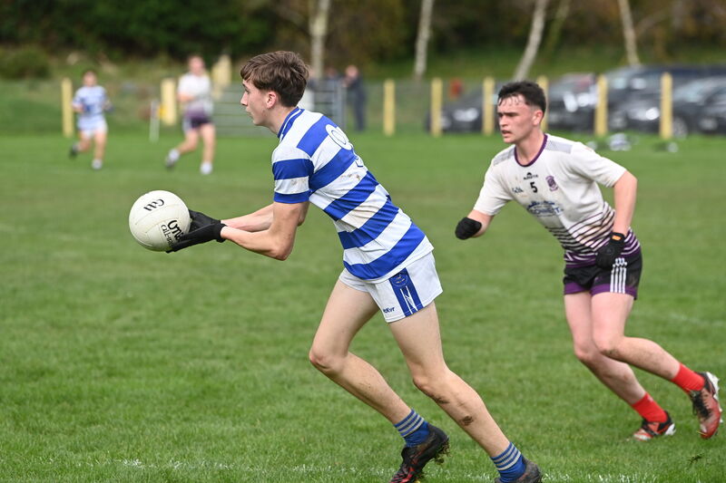 Brian Cronin of Coláiste Choilm looks to offload, with Will O'Donovan of Skibbereen CS in close company. Picture: Larry Cummins Brian Cronin of Coláiste Choilm looks to offload, with Will O'Donovan of Skibbereen CS in close company. Picture: Larry Cummins
