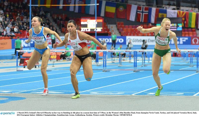 Ireland's Derval O'Rourke on her way to finishing in 4th place in a season best time of 7.95sec, in the Women's 60m Hurdles Final, from champion Nevin Yanit, Turkey, and 3rd placed Veronica Borsi, Italy. 2013 European Indoor Athletics Championships, Scandinavium Arena, Gothenburg, Sweden. Picture credit: Brendan Moran / SPORTSFILE Ireland's Derval O'Rourke on her way to finishing in 4th place in a season best time of 7.95sec, in the Women's 60m Hurdles Final, from champion Nevin Yanit, Turkey, and 3rd placed Veronica Borsi, Italy. 2013 European Indoor Athletics Championships, Scandinavium Arena, Gothenburg, Sweden. Picture credit: Brendan Moran / SPORTSFILE