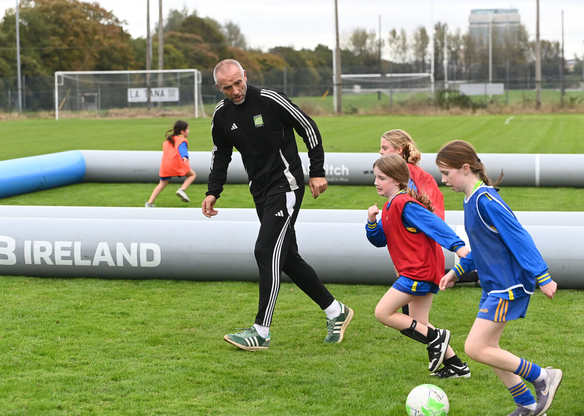 Derek Coughlan of Coerver Coaching with young players from Carrigtwohill United playing 3v3 at the launch of the new soccer training programme for CWSSL girls at the Casement Celtic pitch at Carrigrohane Road, Co Cork. ECHO Sport. Picture: Larry Cummins  Derek Coughlan of Coerver Coaching with young players from Carrigtwohill United playing 3v3 at the launch of the new soccer training programme for CWSSL girls at the Casement Celtic pitch at Carrigrohane Road, Co Cork. ECHO Sport. Picture: Larry Cummins
