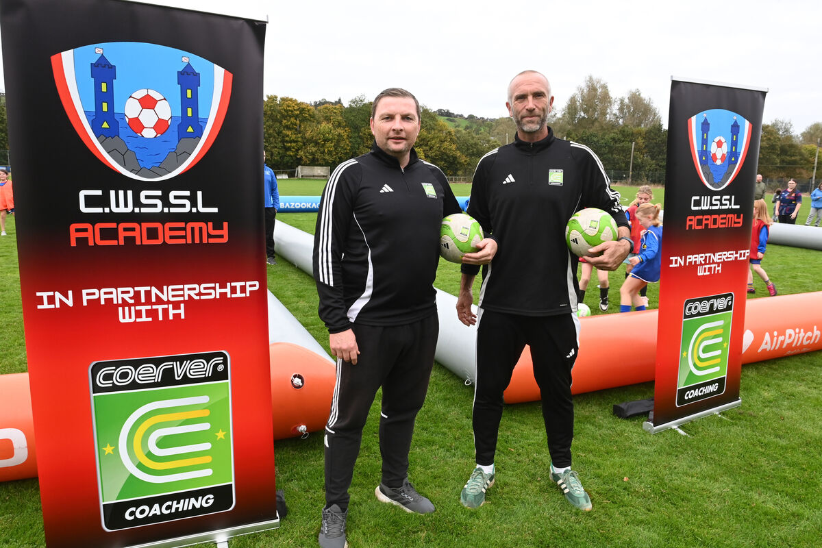 Denis Behan and Derek Coughlan of Coerver Coaching at the launch of the new soccer training programme for CWSSL girls at the Casement Celtic pitch at Carrigrohane Road, Co Cork. ECHO Sport. Picture: Larry Cummins  Denis Behan and Derek Coughlan of Coerver Coaching at the launch of the new soccer training programme for CWSSL girls at the Casement Celtic pitch at Carrigrohane Road, Co Cork. ECHO Sport. Picture: Larry Cummins