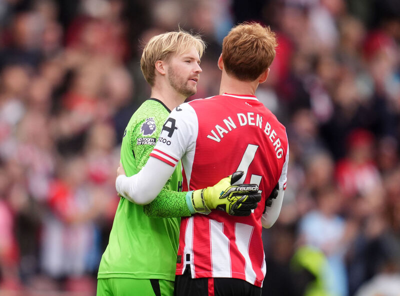 Brentford goalkeeper Caoimhin Kelleher and Sepp van den Berg celebrate after the Premier League match against Man United at the Gtech Community Stadium, London.  Picture: Adam Davy/PA Wire Brentford goalkeeper Caoimhin Kelleher and Sepp van den Berg celebrate after the Premier League match against Man United at the Gtech Community Stadium, London.  Picture: Adam Davy/PA Wire