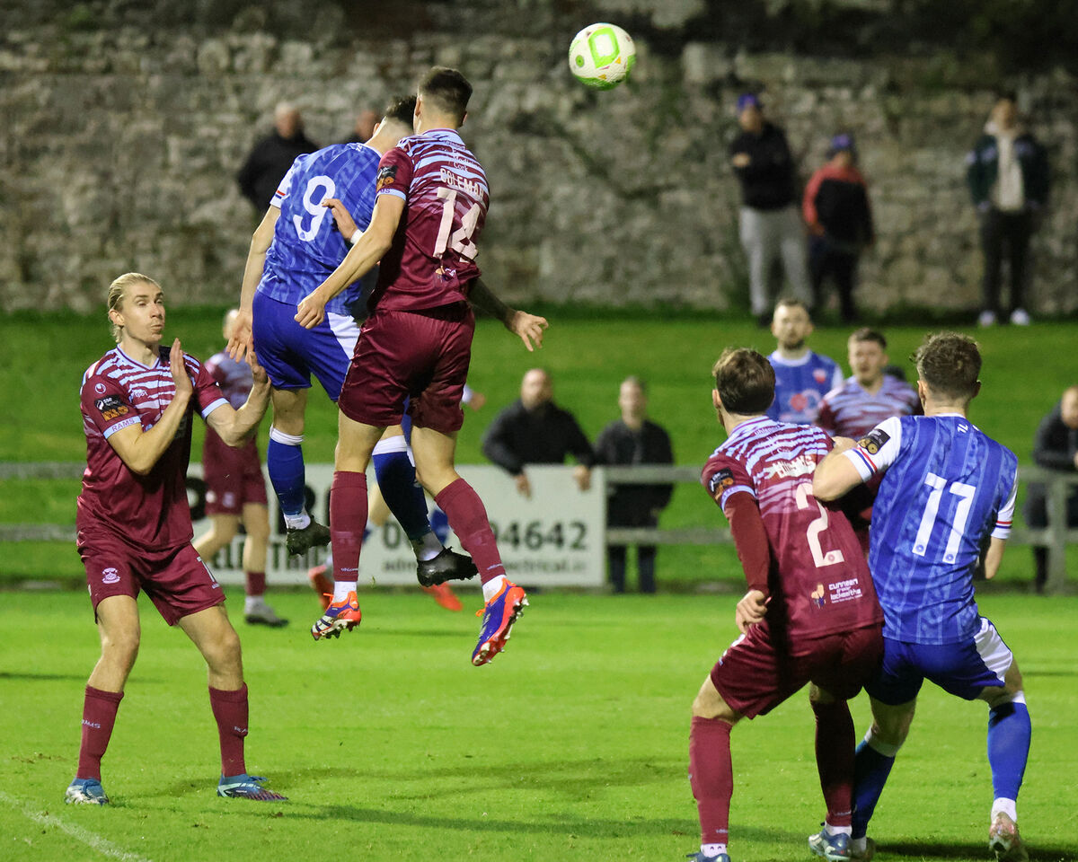 Patrick Ferry, Treaty United, and Cian Coleman, Cobh Ramblers, rise high for possession. Picture: Brendan Gleeson Patrick Ferry, Treaty United, and Cian Coleman, Cobh Ramblers, rise high for possession. Picture: Brendan Gleeson