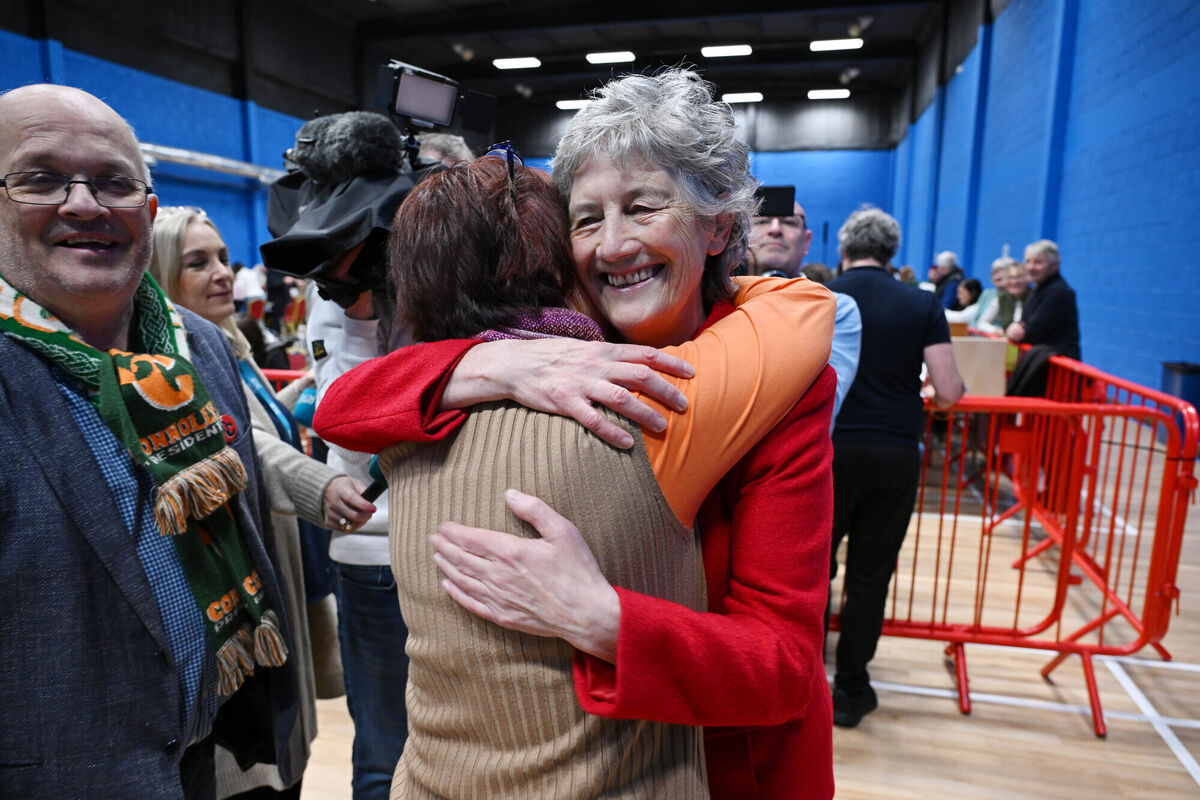 Presidential Independent candidate Catherine Connolly was all smiles at the count centre in the Galway Lawn Tennis club. Photo: Ray Ryan