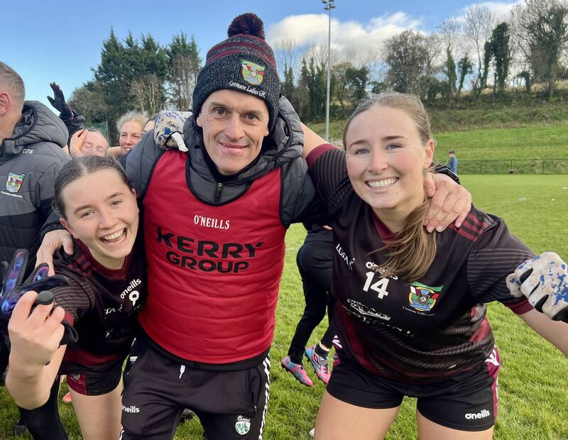Cromane mentors and players celebrating their dramatic sudden death free kick win over Dohenys in the AIB Munster LGFA junior semi-final in Dunmanway. 