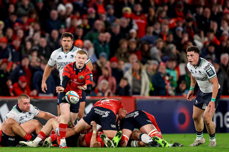 Munster's Ethan Coughlan fires a pass at Thomond Park. Picture: INPHO/Ben Brady