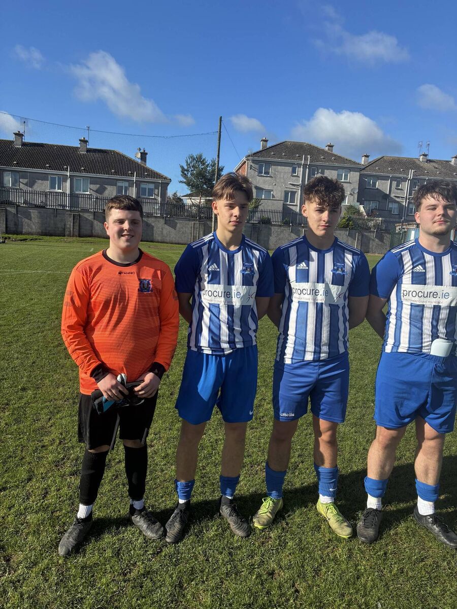 Leeds goalkeeper and Man of the Match Andrew Dumitrache and their goalscorers Alan Falat, Ben O’Connell and Rory Horgan after the U19 League game against Mallow Town.