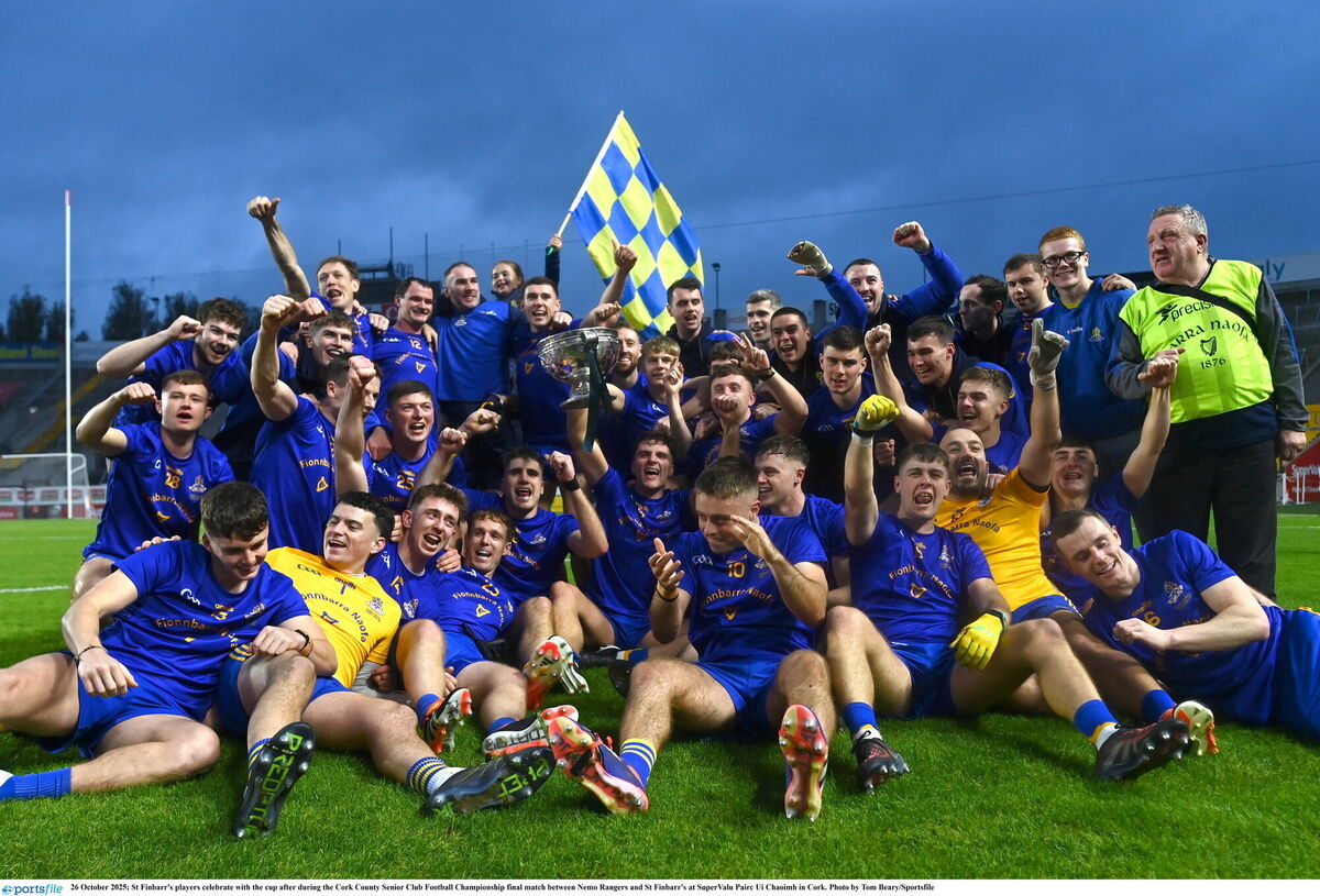 St Finbarr's players celebrate with the Andy Scannell Cup after beating Nemo Rangers. Picture: Tom Beary/Sportsfile
