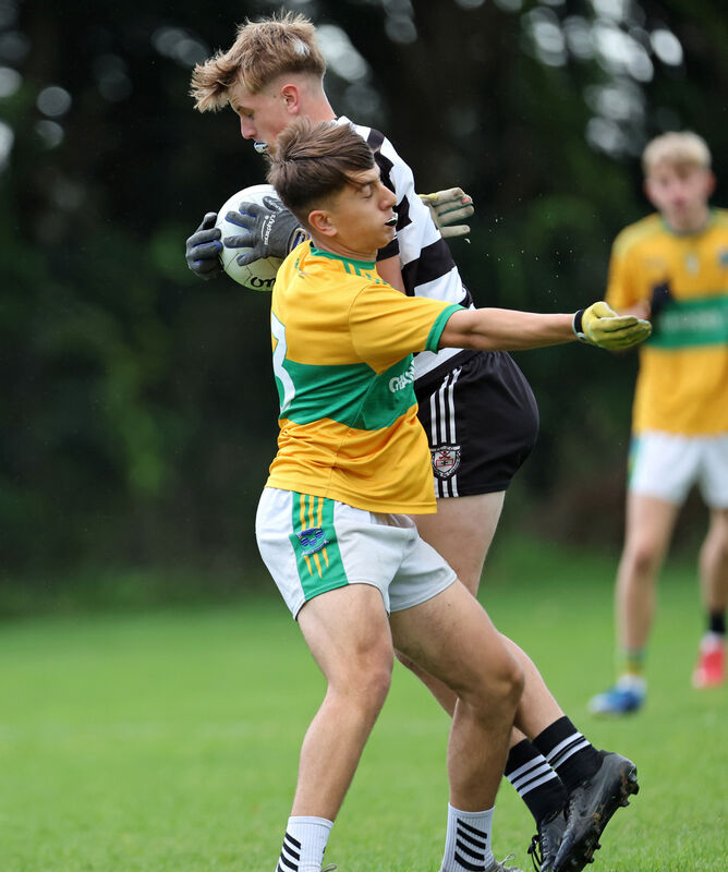 Charlie McCarthy, Midleton, breaks past Armin Soltani, Glanmire during their Premier 1 Football Championship semi final at Caherlag. Picture: Jim Coughlan.  Charlie McCarthy, Midleton, breaks past Armin Soltani, Glanmire during their Premier 1 Football Championship semi final at Caherlag. Picture: Jim Coughlan.
