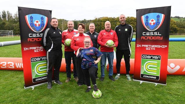 <p> (rear left) Denis Behan and (rear right) Derek Coughlan of Coerver Coaching with Brian Murphy, Chairperson, CWSSL, Maria McGrath, treasurer, CWSSL with Saoirse McGrath, Colin Gurhy, Development Officer, CWSSL and Sean Murphy, Sec, CWSSL, at the launch of the new soccer training programme for CWSSL girls at the Casement Celtic pitch at Carrigrohane Road, Co Cork. ECHO Sport. Picture: Larry Cummins</p>