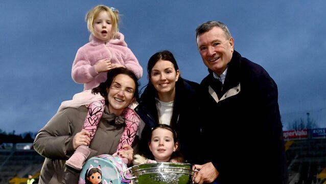 <p>St Finbarr's mentor Jimmy Barry Murphy celebrates his side's victory with his daughters, Ann (left) and Orla, and granddaughters Saoirse (left) and Elizabeth after the Cork Premier SFC final against great rivals Nemo Rangers at SuperValu Pairc Ui Chaoimh. Pic: Tom Beary/Sportsfile</p>