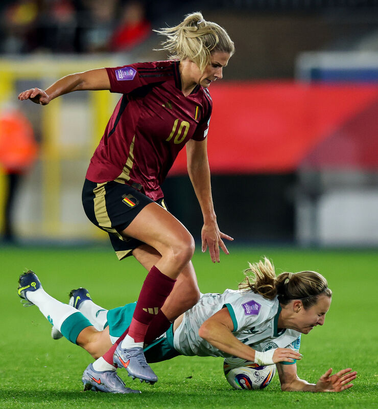 Ireland's Kyra Carusa is fouled by Belgium's Lisa Petry. Picture: ©Inpho/Ryan Byrne