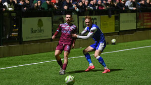 <p> Dylan McGlade, Cobh Ramblers passing back under pressure from Evan O'Connor, Treaty United in their SSE Airtricity League of Ireland First Division play-off final match at St Colman's Park, Cobh. Picrure Dan Linehan</p> <p> Dylan McGlade, Cobh Ramblers passing back under pressure from Evan O'Connor, Treaty United in their SSE Airtricity League of Ireland First Division play-off final match at St Colman's Park, Cobh. Picrure Dan Linehan</p>