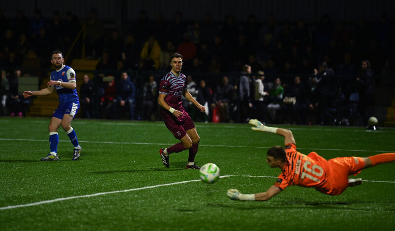 Cobh Ramblers keeper Timothy Martin diving for this ball after a shot by Karl O'Sullivan, Treaty United corner in their SSE Airtricity League of Ireland First Division play-off final match at St Colman's Park, Cobh. Picrure Dan Linehan  Cobh Ramblers keeper Timothy Martin diving for this ball after a shot by Karl O'Sullivan, Treaty United corner in their SSE Airtricity League of Ireland First Division play-off final match at St Colman's Park, Cobh. Picrure Dan Linehan