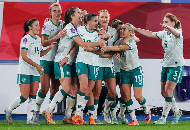 Ireland's team celebrates after Abbie Larkin scores her goal. Picture: ©Inpho/Ryan Byrne