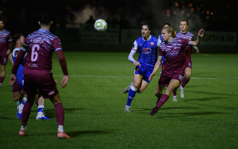 Jonas Hakkinen, Cobh Ramblers keeping his eyes on the ball watched by Joseph Hanson, Treaty United in their SSE Airtricity League of Ireland First Division play-off final match at St Colman's Park, Cobh. Picrure Dan Linehan  Jonas Hakkinen, Cobh Ramblers keeping his eyes on the ball watched by Joseph Hanson, Treaty United in their SSE Airtricity League of Ireland First Division play-off final match at St Colman's Park, Cobh. Picrure Dan Linehan