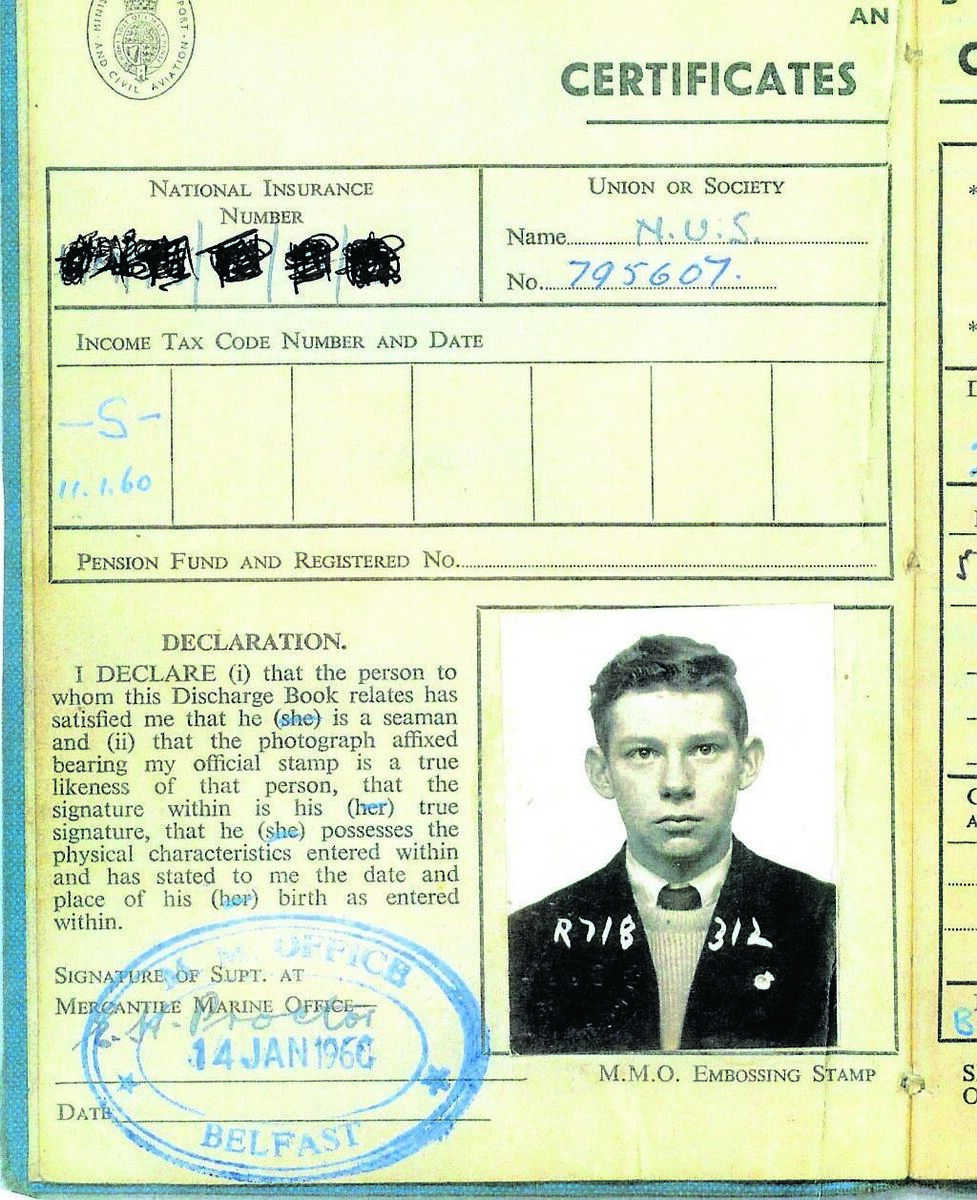 Filson Bailie’s Certificate of Discharge after serving on board ships like Hadrian Coast, which he was a crew man on when it got stranded in Cork for 12 days in 1962