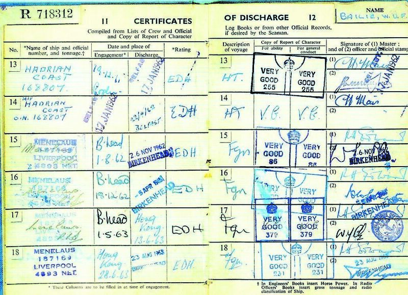 Filson Bailie’s Certificate of Discharge after serving on board ships like Hadrian Coast, which he was a crew man on when it got stranded in Cork for 12 days in 1962