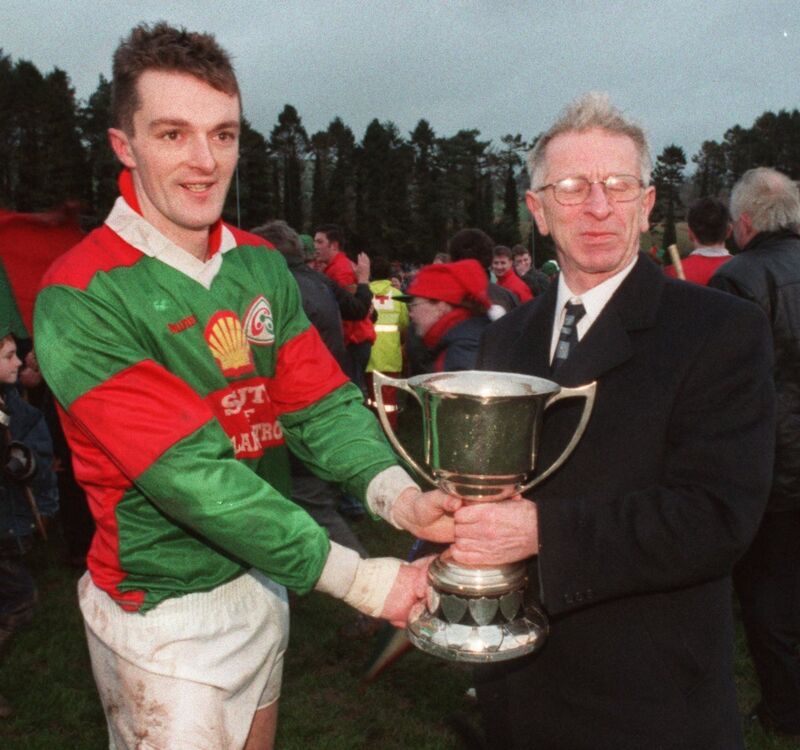 Jim Cronin, vice-chairman of the Cork County Board, presenting the trophy to Ballinora captain Tomás Conway after his side defeated Kiskeam in the County JAFC final at Carrigadrohid in 1997. Picture: Dan Linehan Jim Cronin, vice-chairman of the Cork County Board, presenting the trophy to Ballinora captain Tomás Conway after his side defeated Kiskeam in the County JAFC final at Carrigadrohid in 1997. Picture: Dan Linehan