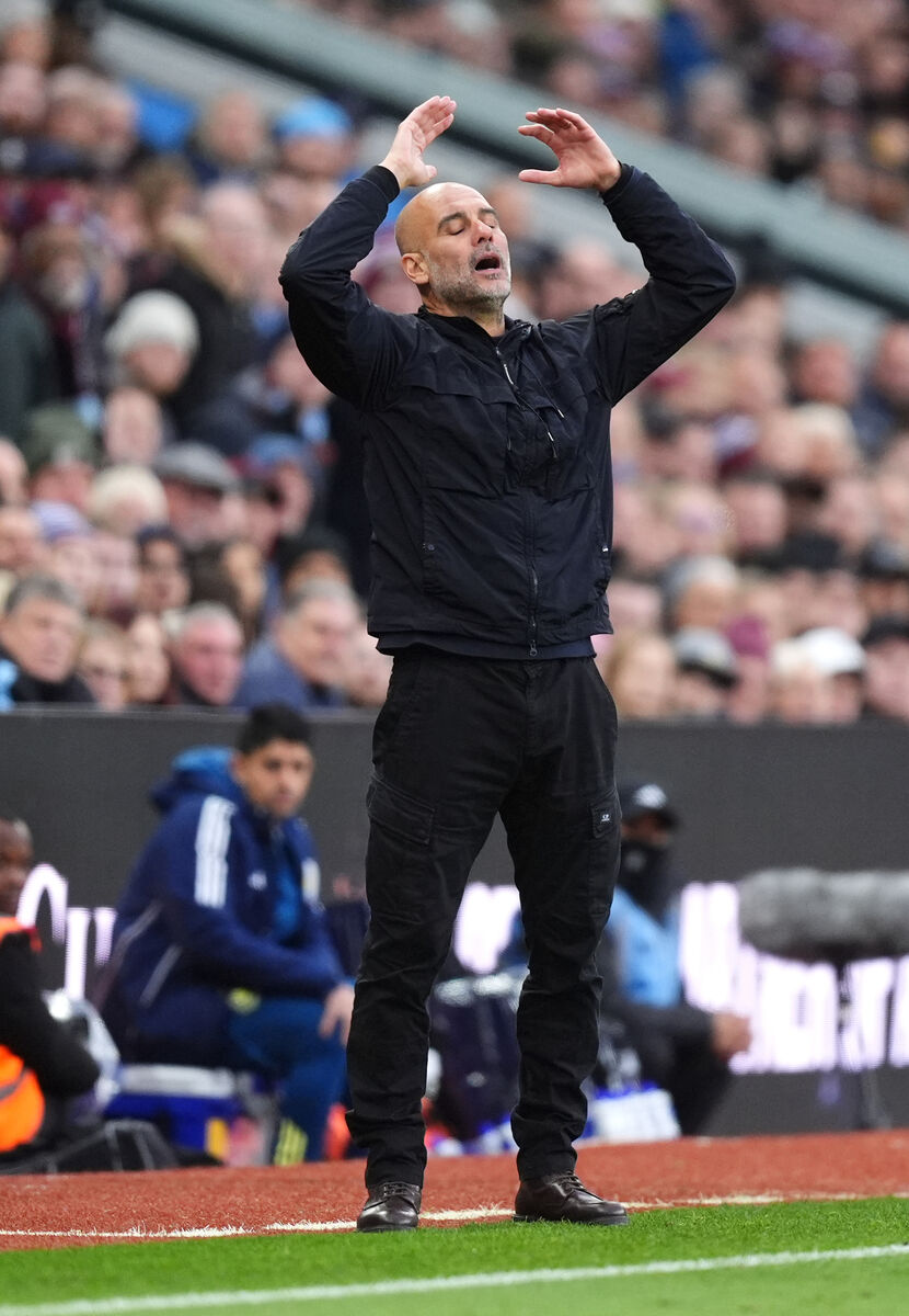 Manchester City manager Pep Guardiola reacts to conceding from a short corner play at Villa Park, Birmingham. Manchester City manager Pep Guardiola reacts to conceding from a short corner play at Villa Park, Birmingham.