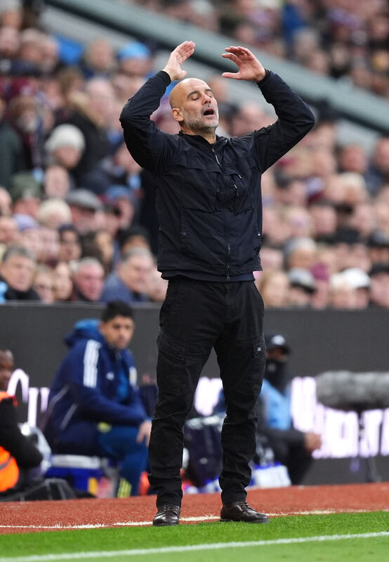 Manchester City manager Pep Guardiola reacts to conceding from a short corner play at Villa Park, Birmingham.  Manchester City manager Pep Guardiola reacts to conceding from a short corner play at Villa Park, Birmingham.