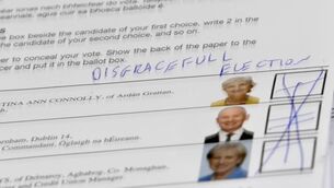 <p class="contextmenu internal_Caption">A spoiled vote marked “Disgraceful election” at the counting centre at Mallow GAA complex last weekend.<span class="contextmenu emphasis CaptionCredit"> Picture: Larry Cummins</span>
            </p> <p class="contextmenu internal_Caption">A spoiled vote marked “Disgraceful election” at the counting centre at Mallow GAA complex last weekend.<span class="contextmenu emphasis CaptionCredit"> Picture: Larry Cummins</span>
            </p>