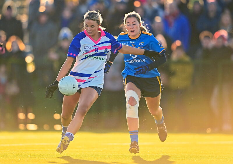 Naomh Aban's Lydia McDonagh, left, in action against Emma Madden of Salthill-Knocknacarra, will be a key player for her side in the Munster Intermediate final tomorrow at Mallow. Picture: Ben McShane/Sportsfile Naomh Aban's Lydia McDonagh, left, in action against Emma Madden of Salthill-Knocknacarra, will be a key player for her side in the Munster Intermediate final tomorrow at Mallow. Picture: Ben McShane/Sportsfile