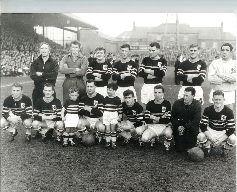 Cork Celtic defeated by Shamrock Rovers after a replay in the 1964 FAI Cup final: Back: Seamus Madden (manager), Dan Spillane, Mick Millington, Pat O’Mahony, Donie Leahy, Ray Cowhie, Kevin Blount. Front: Paul O’Donovan, Frankie McCarthy, John Coughlan, Al Casey, Liam O’Flynn, Georgie Lynam, Austin Noonan. 