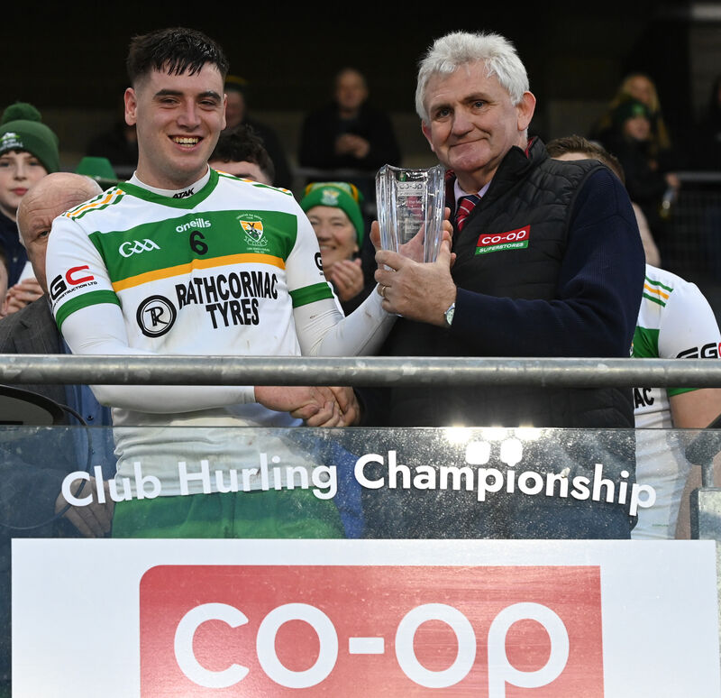 Dermot Foley of Co-op SuperStores presents the Man of the Match Award to Bride Rovers' Cillian Tobin. Picture: Eddie O'Hare Dermot Foley of Co-op SuperStores presents the Man of the Match Award to Bride Rovers' Cillian Tobin. Picture: Eddie O'Hare