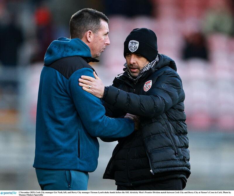 Cork City manager Ger Nash, left, and Derry City manager Tiernan Lynch shake hands before the match. Picture: Thomas Flinkow/Sportsfile Cork City manager Ger Nash, left, and Derry City manager Tiernan Lynch shake hands before the match. Picture: Thomas Flinkow/Sportsfile