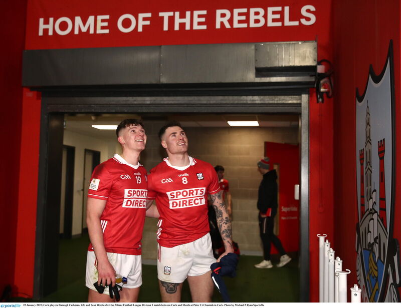 Cork players Darragh Cashman and Seán Walsh after the win over Meath back in January. Picture: Michael P Ryan/Sportsfile