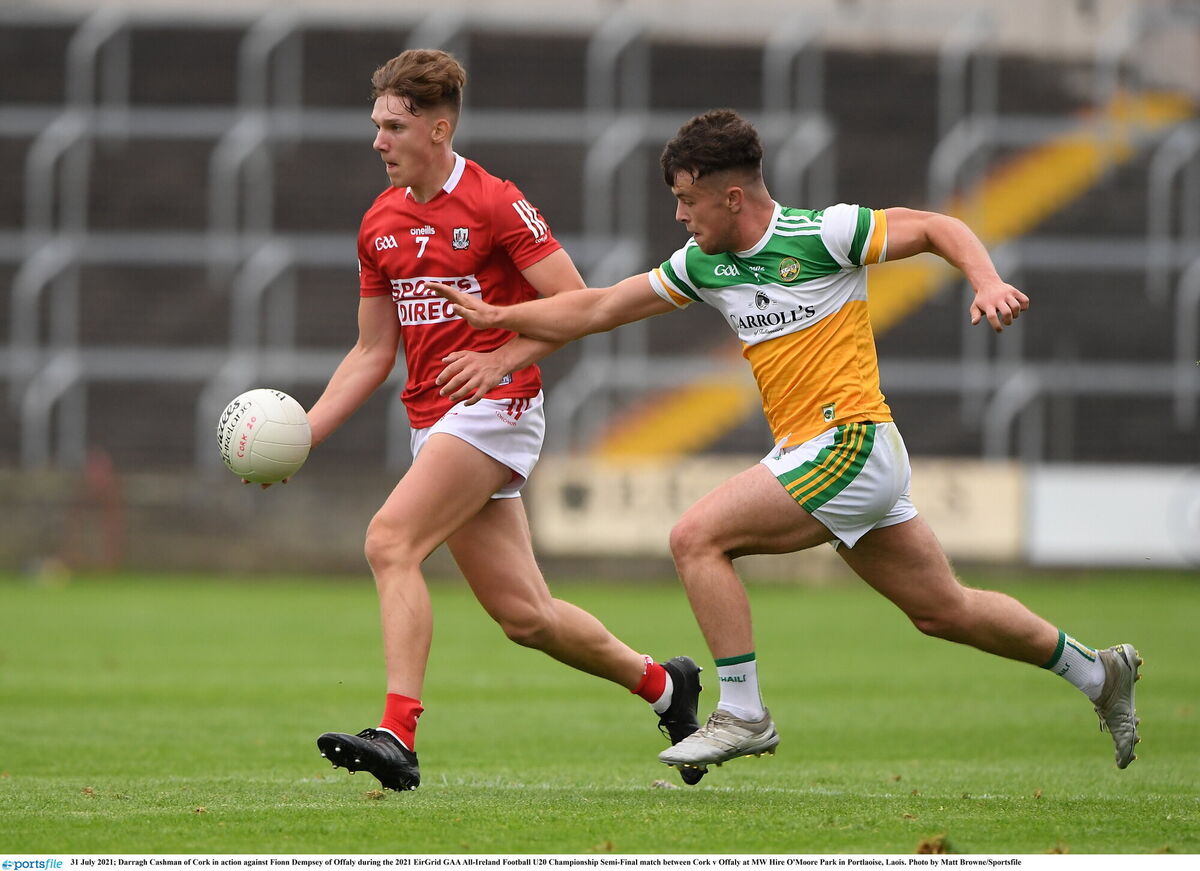 Darragh Cashman of Cork in action against Fionn Dempsey of Offaly in an U20 match in 2021. Picture: Matt Browne/Sportsfile