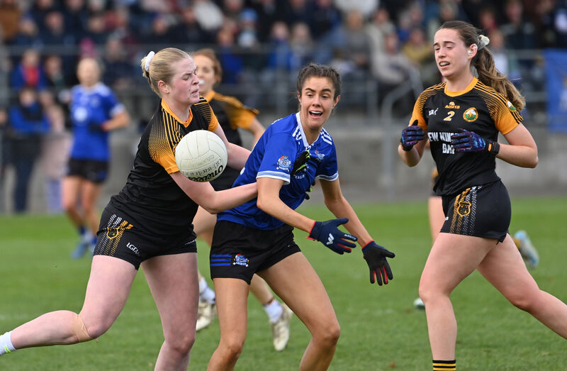 Annie Maher, Noamh Aban is tackled by Gillian Musgrave and Aisling Kelly of Clounmacon Moyvane in the Munster Ladies Football Intermediate final at Mallow, Co Cork. Picture Dan Linehan Annie Maher, Noamh Aban is tackled by Gillian Musgrave and Aisling Kelly of Clounmacon Moyvane in the Munster Ladies Football Intermediate final at Mallow, Co Cork. Picture Dan Linehan