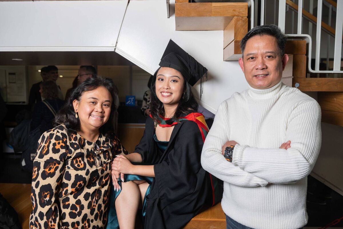 Master of Architecture graduate Angela Agrito, from Bishopstown, Co. Cork, is pictured with her parents, Horatio and Alma Agrito, at the MTU Autumn 2025 Conferring Ceremony. Picture: Joleen Cronin.