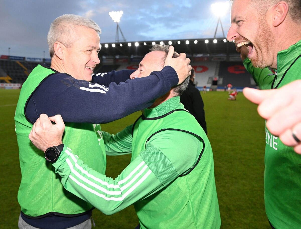 Aghabullogue manager Ray Keane celebrates with his selectors after defeating Uibh Laoire. Picture: Eddie O'Hare