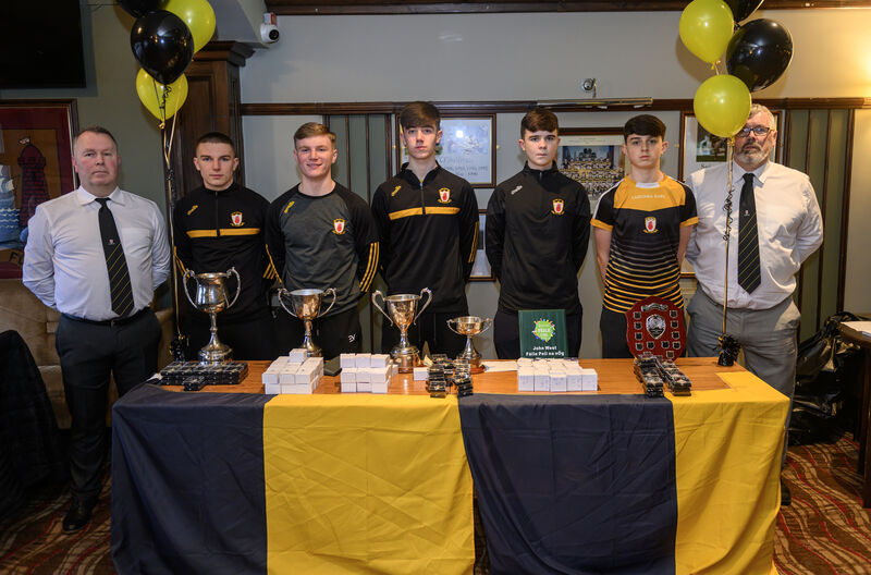 At the Na Piarsaigh underage presentations evening at the club were club chairman Colin O'Sullivan and outgoing chairman Jack Dorgan with trophy winning team captains, Eoin Cronin, U18, Brian Cronin, U16, Rory Quinlan, U15, Darragh Casey, U15 and Eoin Horgan U14. Picture Dan Linehan At the Na Piarsaigh underage presentations evening at the club were club chairman Colin O'Sullivan and outgoing chairman Jack Dorgan with trophy winning team captains, Eoin Cronin, U18, Brian Cronin, U16, Rory Quinlan, U15, Darragh Casey, U15 and Eoin Horgan U14. Picture Dan Linehan