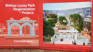 <p> Site information signage and CGI for the redevelopment of Bishop Lucey Park, Grand Parade, Cork City. Picture Larry Cummins</p>