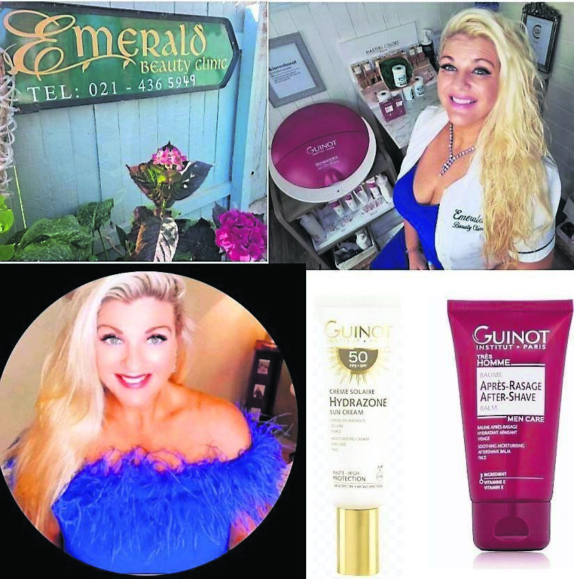 Emer O’Callaghan in her Beauty Doctor uniform at Emerald Beauty Clinic, also pictured in a royal blue cocktail dress from Coast, and two of her most popular male skincare products, Guinot’s Hydrazone Spf 50, €56, and Guinot’s Aftershave Balm, €56, both available from Emerald Beauty Clinic