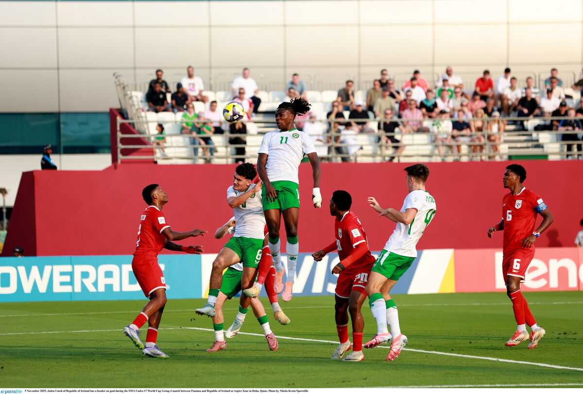 Jaden Umeh of Republic of Ireland has a header on goal during the FIFA Under-17 World Cup Group J match between Panama and Republic of Ireland at Aspire Zone in Doha, Qatar. Photo by Nikola Krstic/Sportsfile