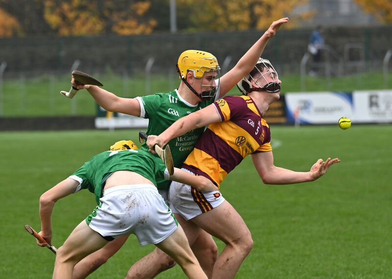 John O'Keeffe, St Colman's College, gets in a strong tackle on Eddie O'Reilly of De La Salle College. Picture: Dan Linehan John O'Keeffe, St Colman's College, gets in a strong tackle on Eddie O'Reilly of De La Salle College. Picture: Dan Linehan