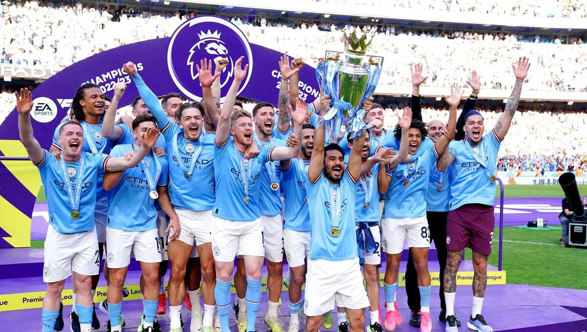 Manchester City's Ilkay Gundogan lifts the the 2022-23 Premier League trophy after Manchester City overturned Arsenal's lead after 10 matches. Picture: Martin Rickett/PA Wire.