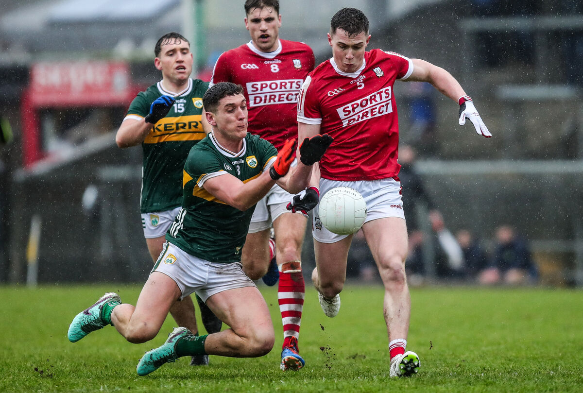 Luke Fahy of Cork in action against Joe O’Connor of Kerry in the 2024 McGrath Cup. Picture: INPHO/Natasha Barton