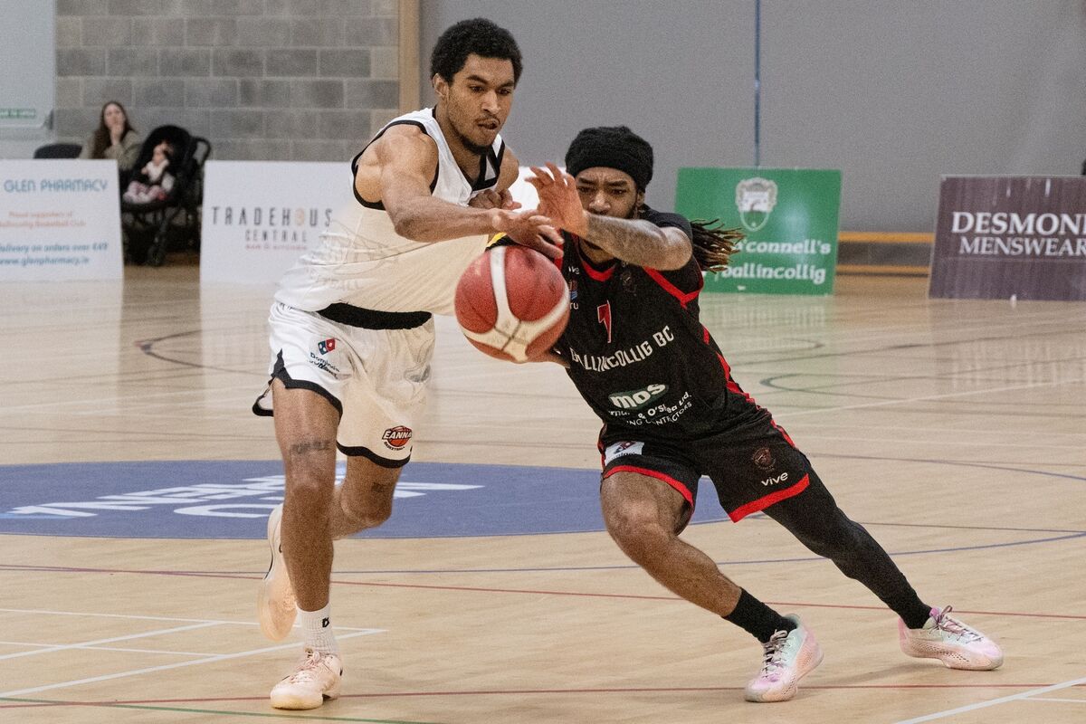 Ballincollig’s Josh Steel drives forward under pressure from Éanna’s Jalen McAfee-Marion. Picture Chani Anderson.