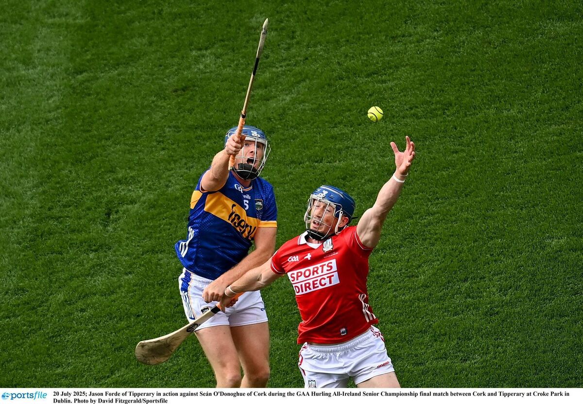 Jason Forde of Tipperary and Seán O'Donoghue of Cork reach for the sliotar at Croke Park. Picture: David Fitzgerald/Sportsfile Jason Forde of Tipperary and Seán O'Donoghue of Cork reach for the sliotar at Croke Park. Picture: David Fitzgerald/Sportsfile