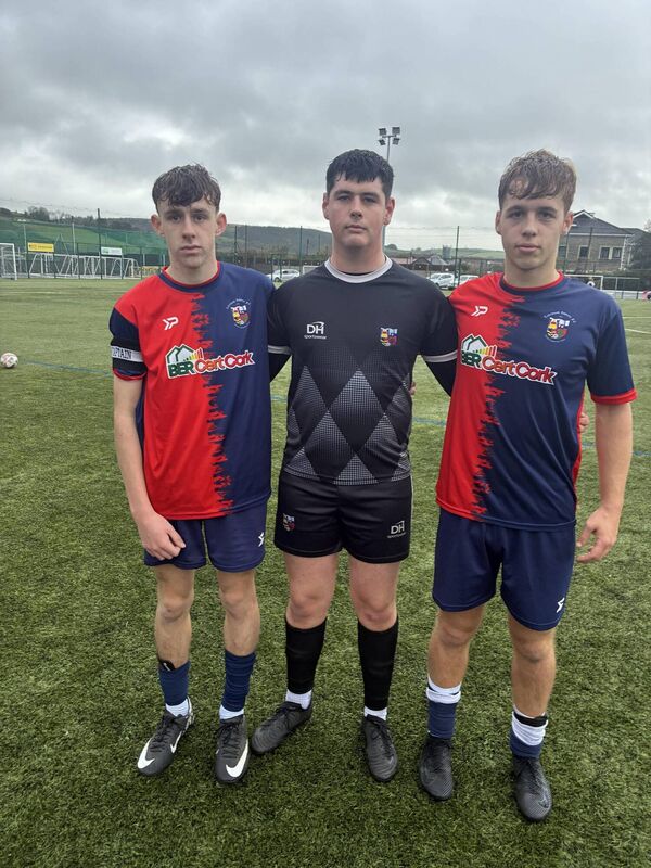 Lakewood goal scorers Cian O’Flynn and Darragh Sheehan with man of the match and their goalkeeper Cian Davis-Heelan after the Munster Youth game with Douglas Hall.