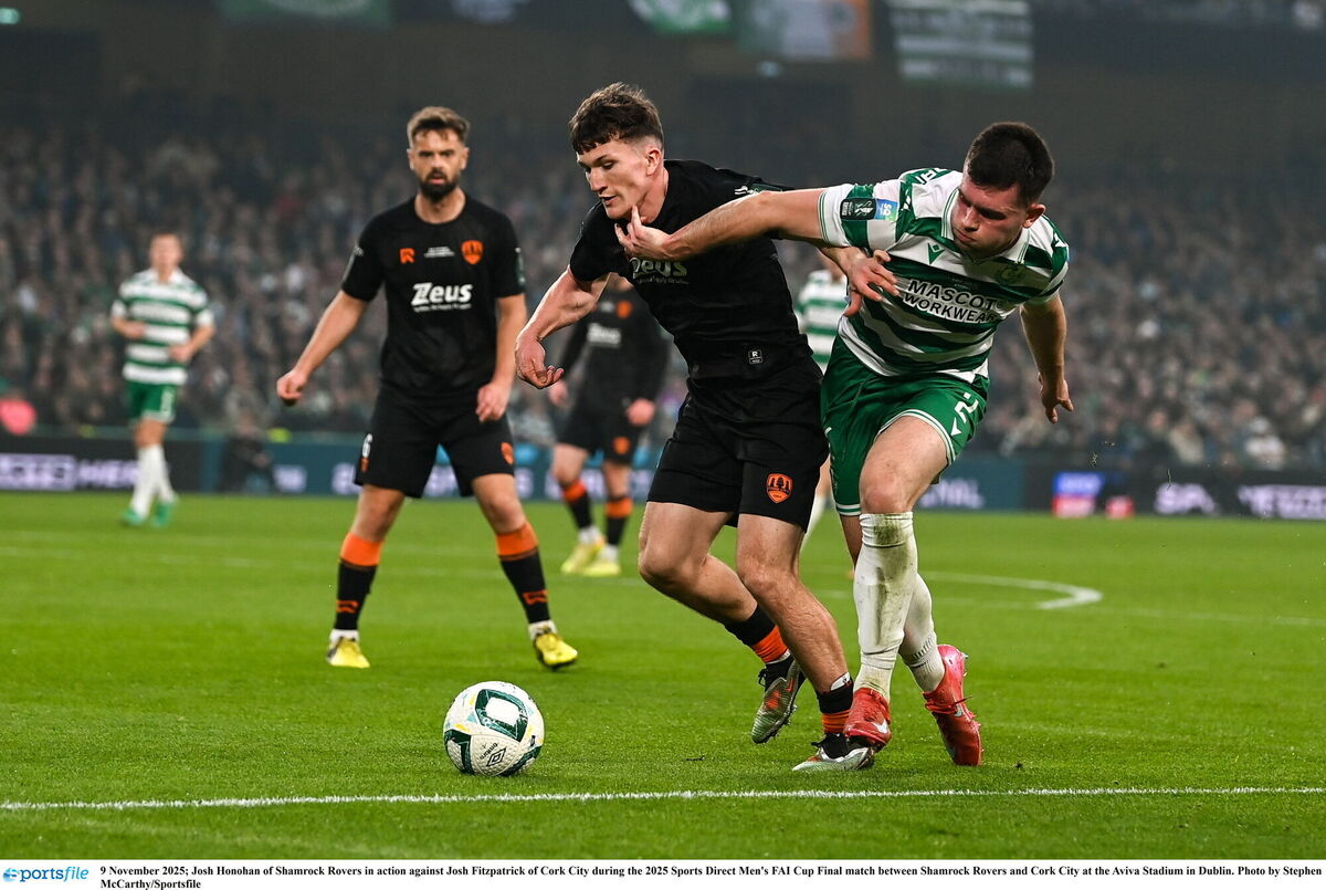 Josh Honohan of Shamrock Rovers in action against Josh Fitzpatrick of Cork City. Picture: Stephen McCarthy/Sportsfile Josh Honohan of Shamrock Rovers in action against Josh Fitzpatrick of Cork City. Picture: Stephen McCarthy/Sportsfile