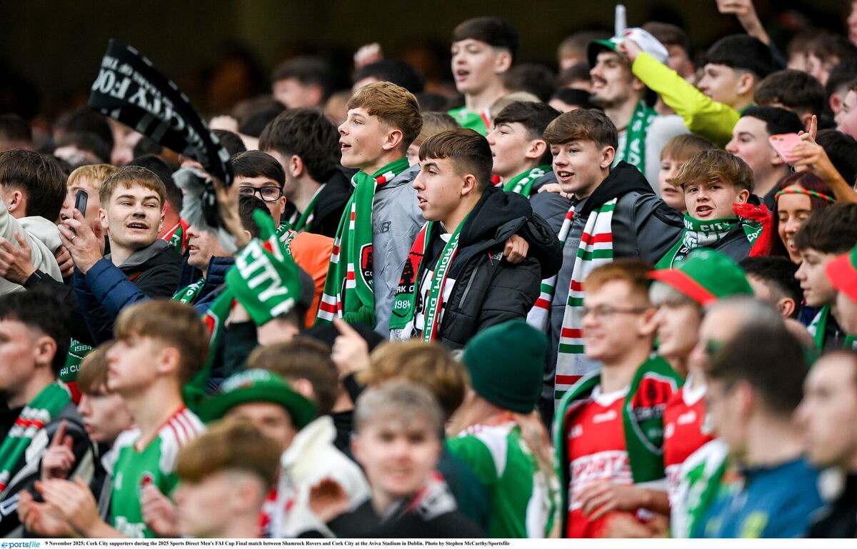 Cork City fans cheer on their side at the Aviva Stadium. Picture: Stephen McCarthy/Sportsfile Cork City fans cheer on their side at the Aviva Stadium. Picture: Stephen McCarthy/Sportsfile