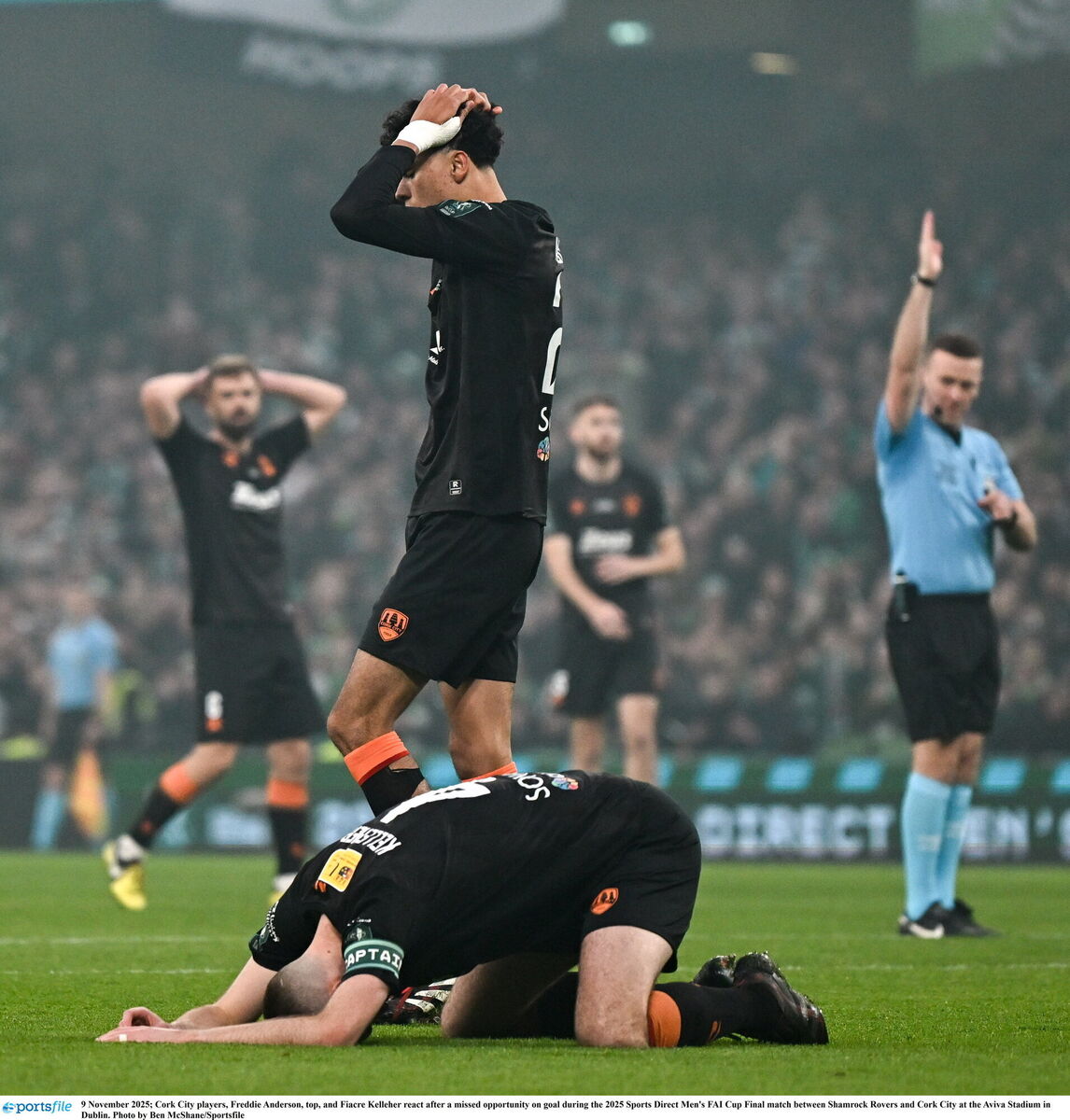 Freddie Anderson, top, and Fiacre Kelleher react after a missed opportunity for Cork City against Shamrock Rovers. Picture: Ben McShane/Sportsfile Freddie Anderson, top, and Fiacre Kelleher react after a missed opportunity for Cork City against Shamrock Rovers. Picture: Ben McShane/Sportsfile