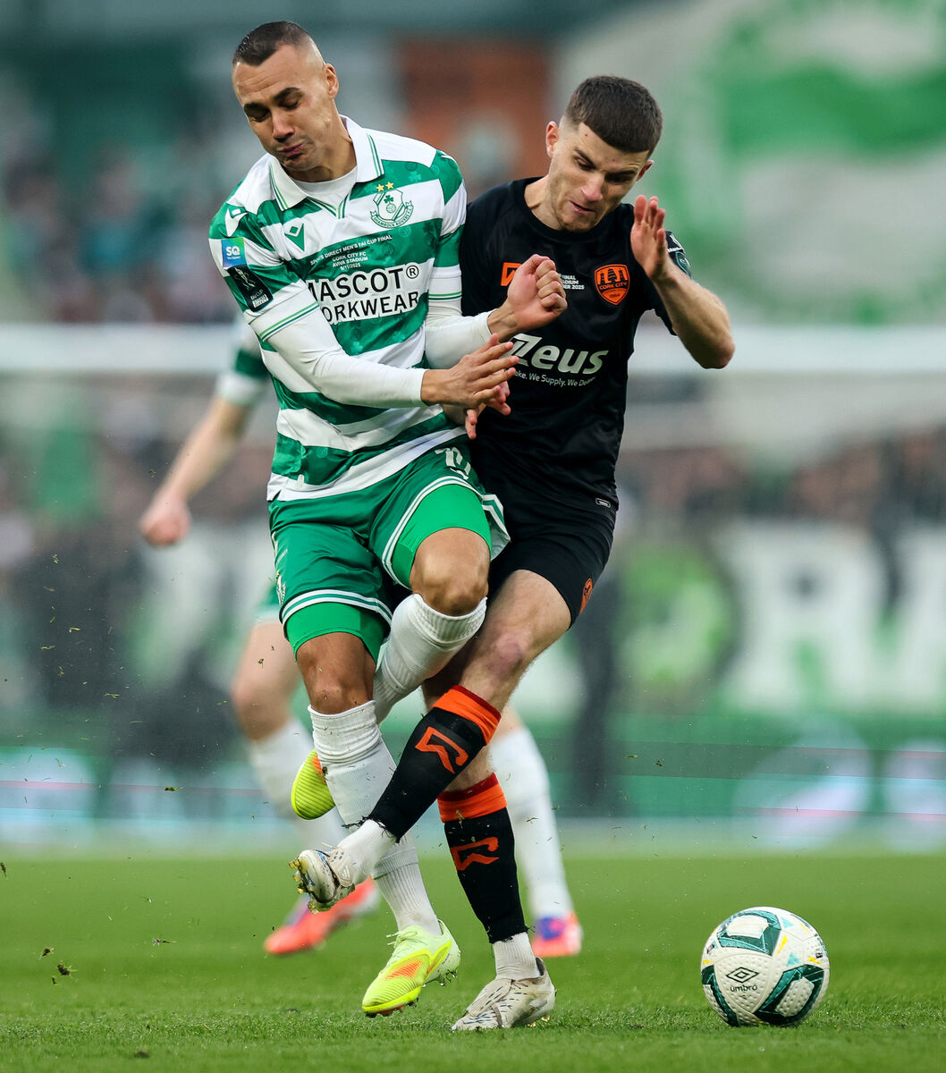 Shamrock Rovers' Graham Burke in action with Cork City's Darragh Crowley. Picture: INPHO/Ryan Byrne Shamrock Rovers' Graham Burke in action with Cork City's Darragh Crowley. Picture: INPHO/Ryan Byrne